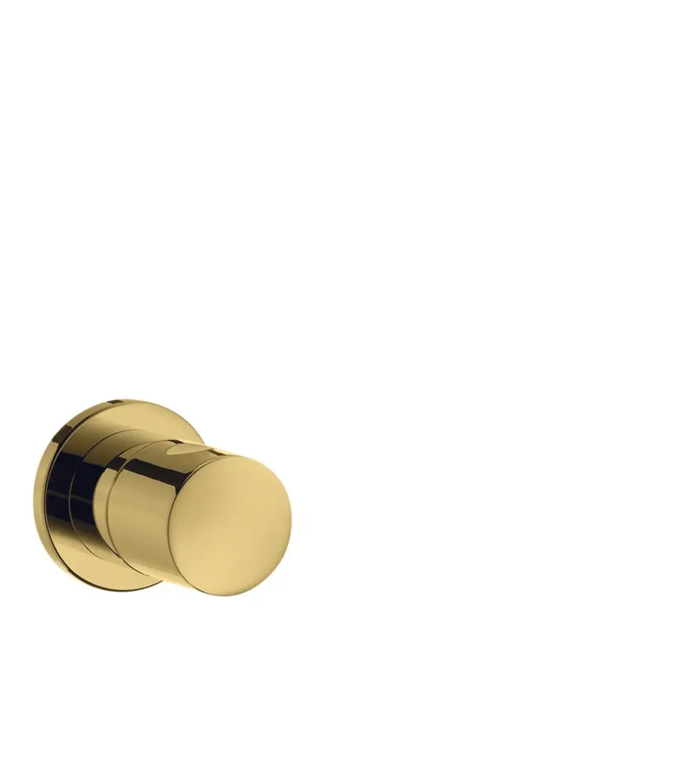 Goldenes Unterputz-Absperrventil von AXOR mit runder Form und glatter Oberfläche, montiert an einer hellen Wand. Minimalistisches Design für moderne Badezimmer.